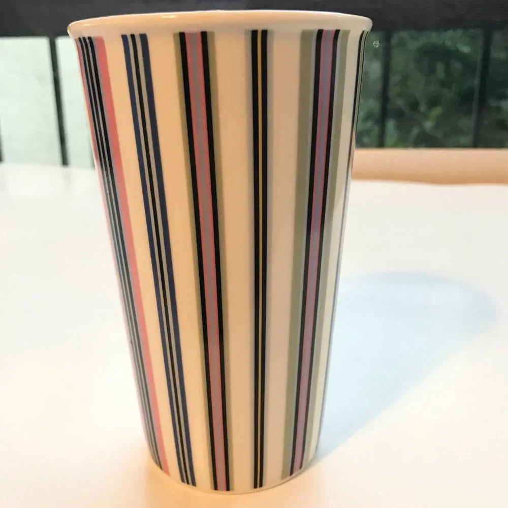 Starbucks Tall Ceramic Candy Striped Coffee Mug Cup Green Pink Blue Yellow